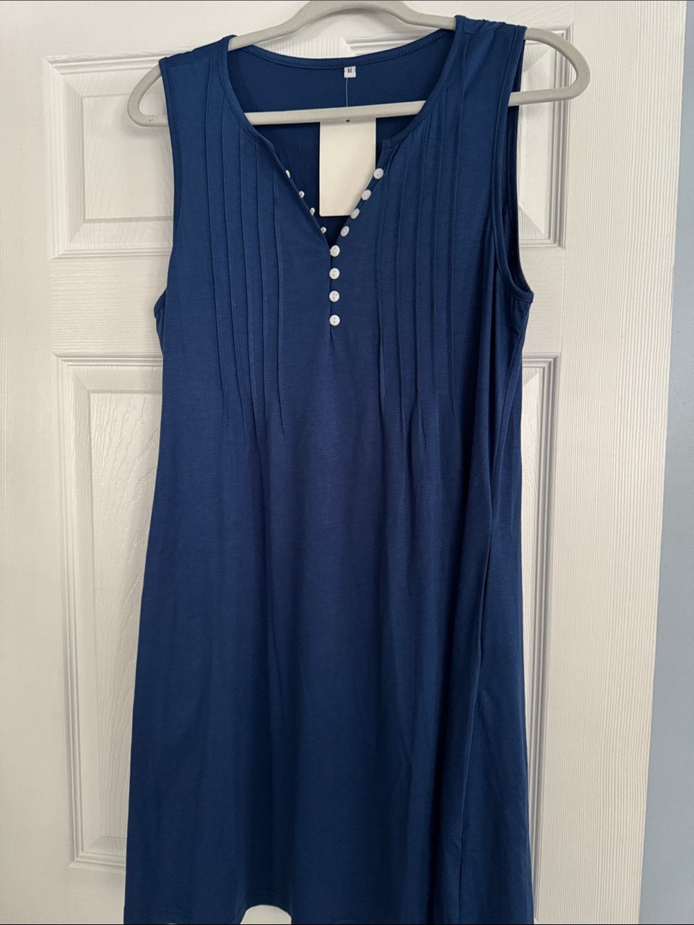 Sleeveless Navy Pintuck Button-Front Dress